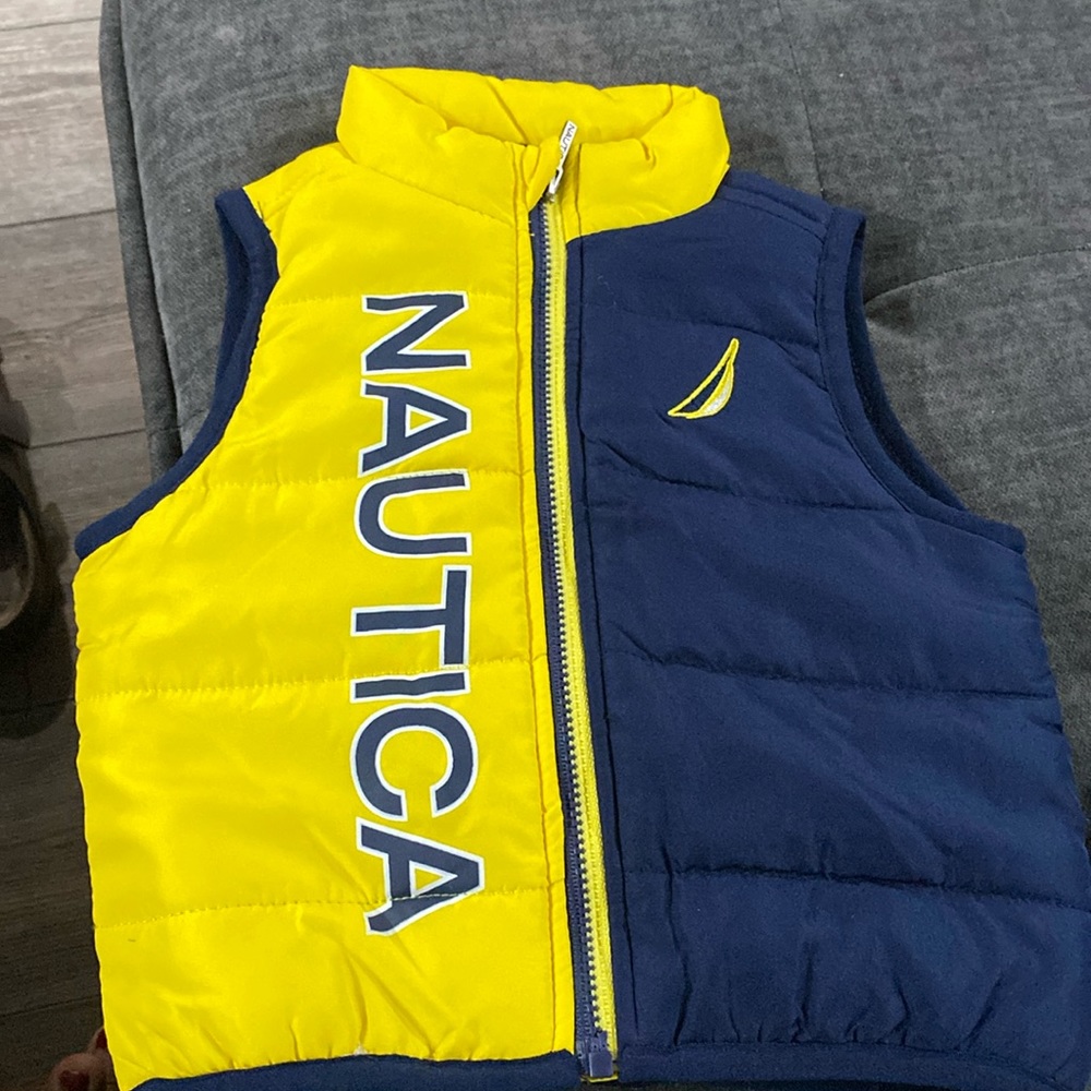 Nautica Spellout Puffer Vest Logo Color Blocked Yellow Blue Baby Size 3-6m